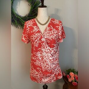 TALBOTS Coral Print Surplice Short Sleeve Stretchy Blouse with soft side…
